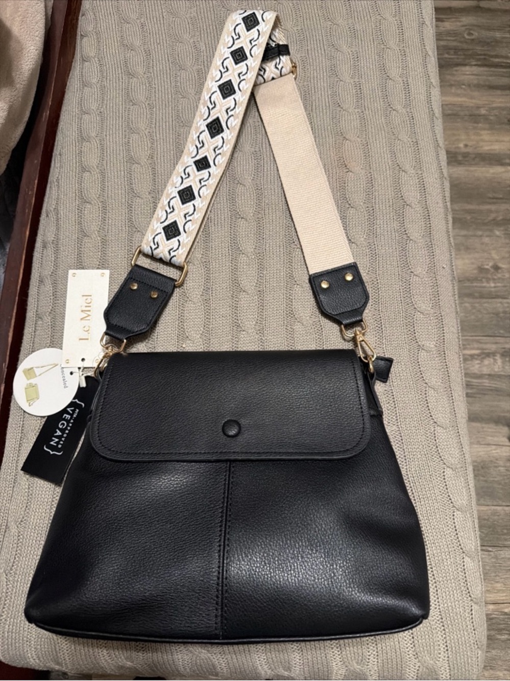 Black Vegan Leather Crossbody Bag with Patterned Strap